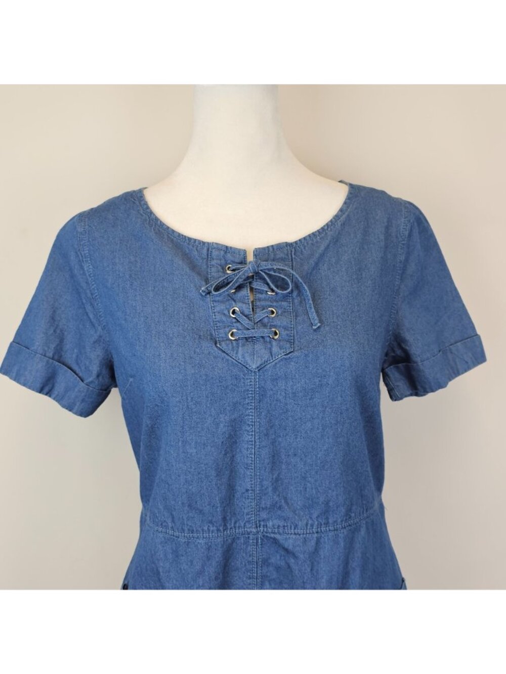 Eclipse S Denim Mini Dress 100% Cotton Blue Shift Pockets Indie Western Y2k - Picture 4 of 15
